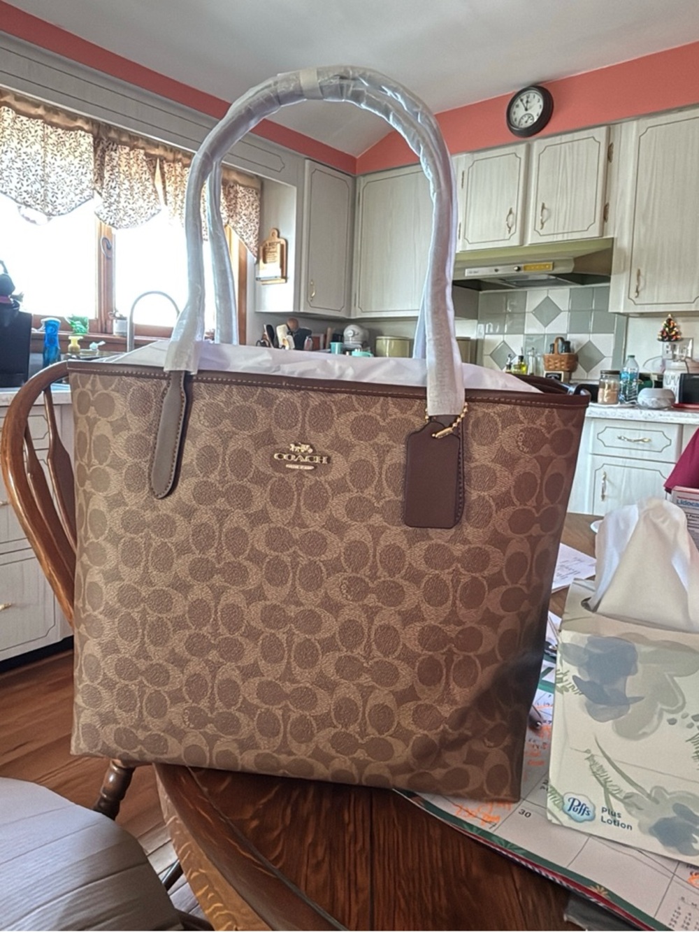 Coach Tan Signature Tote with Brown Leather Trim